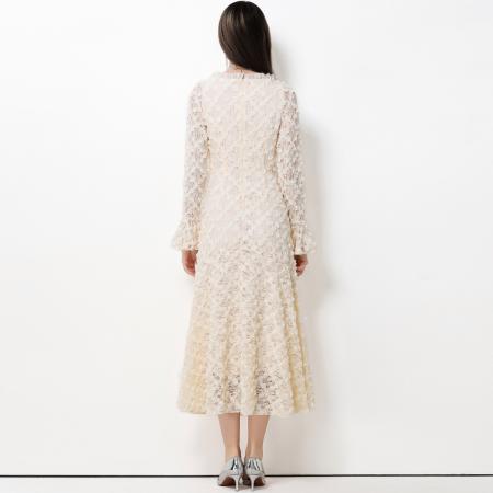 FA50751# 法式轻奢小香风蕾丝重工立体花朵喇叭袖大摆连衣裙女