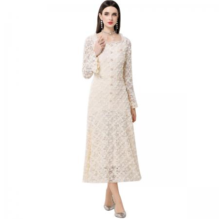 FA50751# 法式轻奢小香风蕾丝重工立体花朵喇叭袖大摆连衣裙女