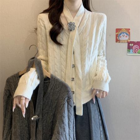 FA50752# 高级感小香风毛衣开衫女秋冬气质飘带红色氛围感外套