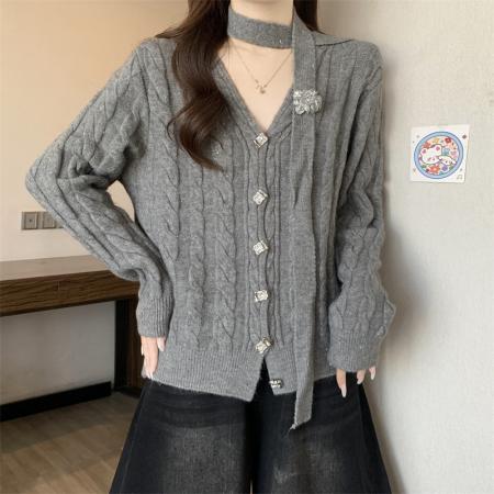 FA50752# 高级感小香风毛衣开衫女秋冬气质飘带红色氛围感外套