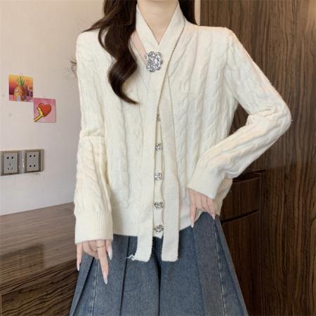 FA50752# 高级感小香风毛衣开衫女秋冬气质飘带红色氛围感外套