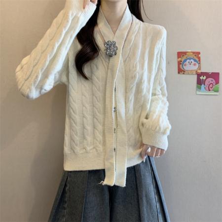 FA50752# 高级感小香风毛衣开衫女秋冬气质飘带红色氛围感外套