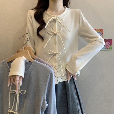 FA50753# 法式荷叶边拼接长袖衬衫女冬季设计感小众蝴蝶结上衣