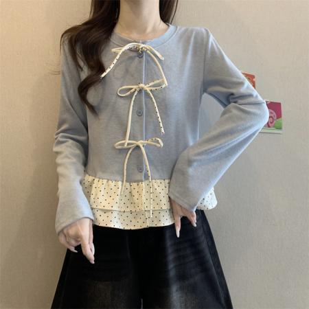 FA50753# 法式荷叶边拼接长袖衬衫女冬季设计感小众蝴蝶结上衣