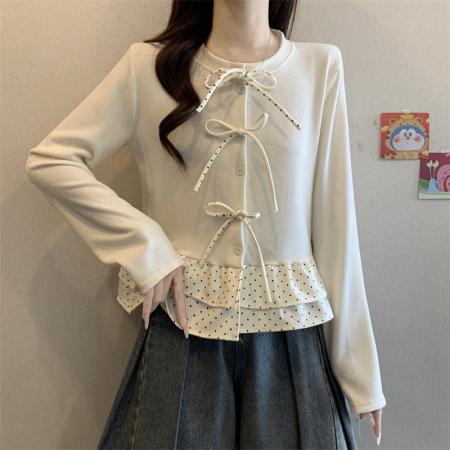 FA50753# 法式荷叶边拼接长袖衬衫女冬季设计感小众蝴蝶结上衣