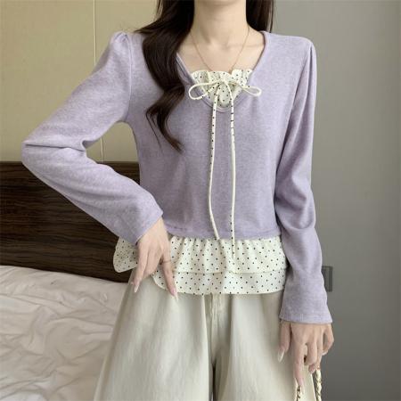 FA50754# 新版法式气质泡泡袖木耳边蝴蝶结系带上衣