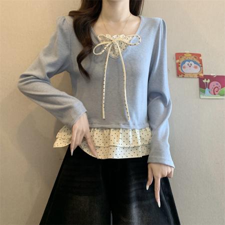 FA50754# 新版法式气质泡泡袖木耳边蝴蝶结系带上衣