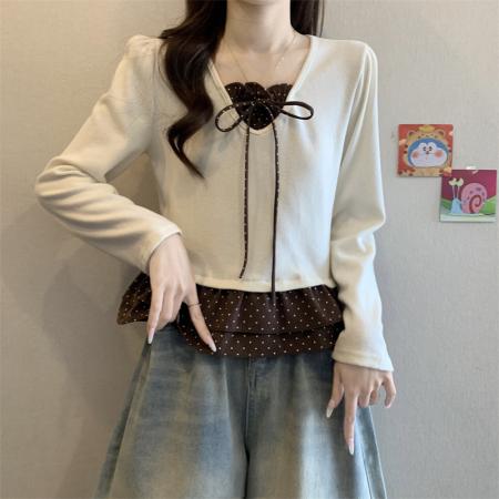 FA50754# 新版法式气质泡泡袖木耳边蝴蝶结系带上衣