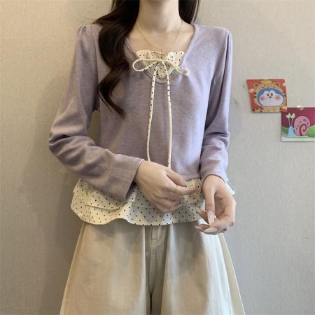 FA50754# 新版法式气质泡泡袖木耳边蝴蝶结系带上衣