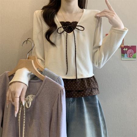 FA50754# 新版法式气质泡泡袖木耳边蝴蝶结系带上衣