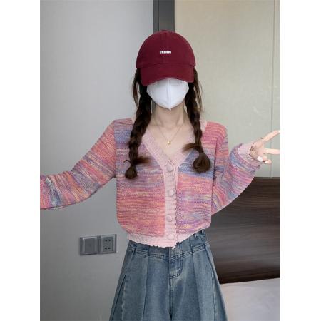 FA50755# 小香风撞色扎染v领针织开衫设计感短款上衣