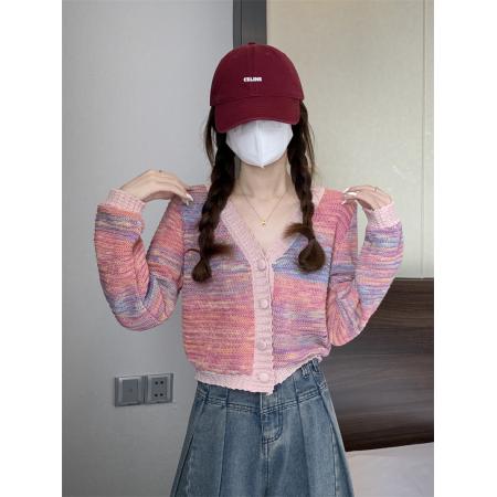 FA50755# 小香风撞色扎染v领针织开衫设计感短款上衣