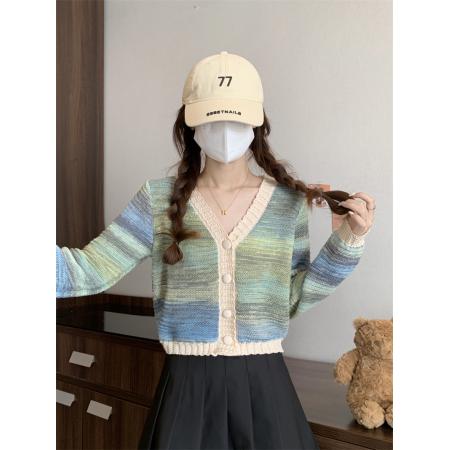 FA50755# 小香风撞色扎染v领针织开衫设计感短款上衣