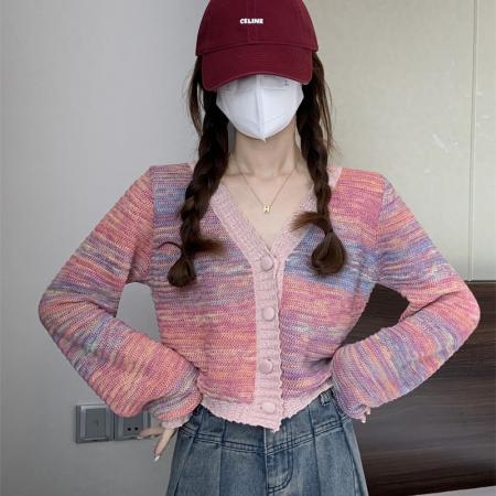 FA50755# 小香风撞色扎染v领针织开衫设计感短款上衣