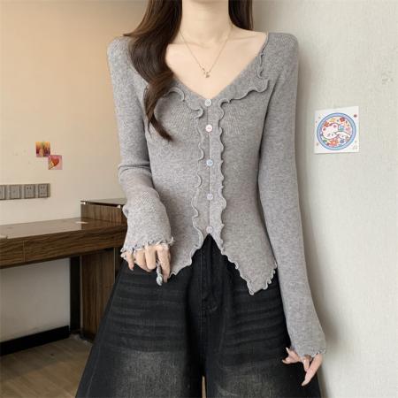 FA50756# 秋冬翻领木耳边长袖针织衫女秋季设计感开叉上衣打底衫