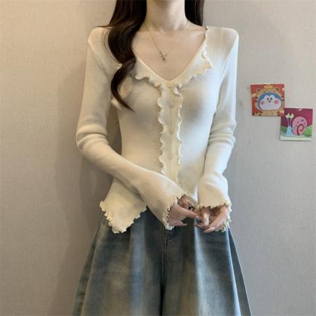 FA50756# 秋冬翻领木耳边长袖针织衫女秋季设计感开叉上衣打底衫