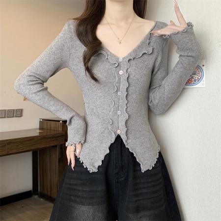 FA50756# 秋冬翻领木耳边长袖针织衫女秋季设计感开叉上衣打底衫