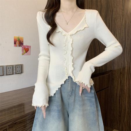 FA50756# 秋冬翻领木耳边长袖针织衫女秋季设计感开叉上衣打底衫