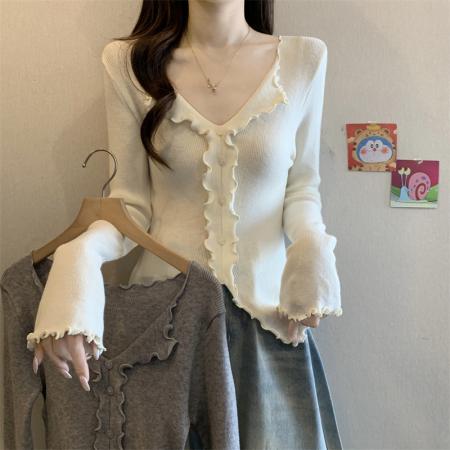 FA50756# 秋冬翻领木耳边长袖针织衫女秋季设计感开叉上衣打底衫