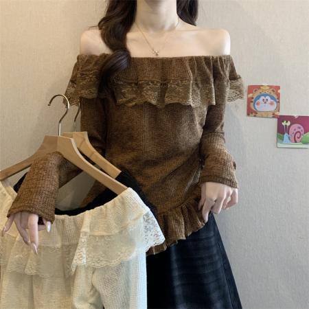 FA50757# 不规则一字肩蕾丝拼接长袖T恤女荷叶边褶皱收腰显瘦上衣