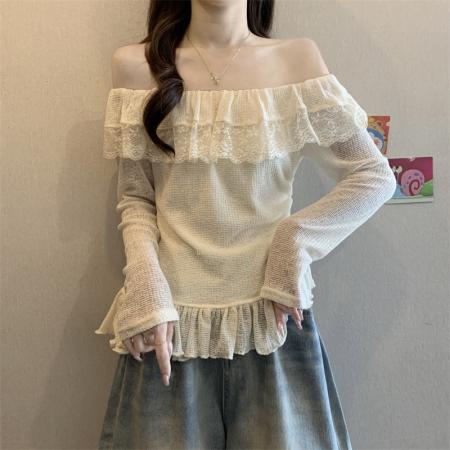 FA50757# 不规则一字肩蕾丝拼接长袖T恤女荷叶边褶皱收腰显瘦上衣