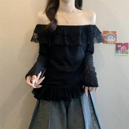 FA50757# 不规则一字肩蕾丝拼接长袖T恤女荷叶边褶皱收腰显瘦上衣