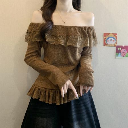 FA50757# 不规则一字肩蕾丝拼接长袖T恤女荷叶边褶皱收腰显瘦上衣