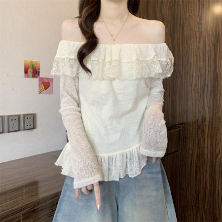FA50757# 不规则一字肩蕾丝拼接长袖T恤女荷叶边褶皱收腰显瘦上衣