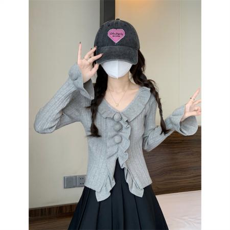 FA50758# 秋冬法式荷叶边针织打底衫设计感v领喇叭袖针织衫上衣