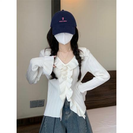 FA50758# 秋冬法式荷叶边针织打底衫设计感v领喇叭袖针织衫上衣