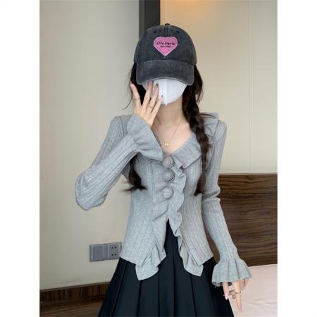 FA50758# 秋冬法式荷叶边针织打底衫设计感v领喇叭袖针织衫上衣