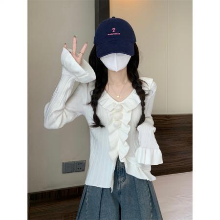 FA50758# 秋冬法式荷叶边针织打底衫设计感v领喇叭袖针织衫上衣