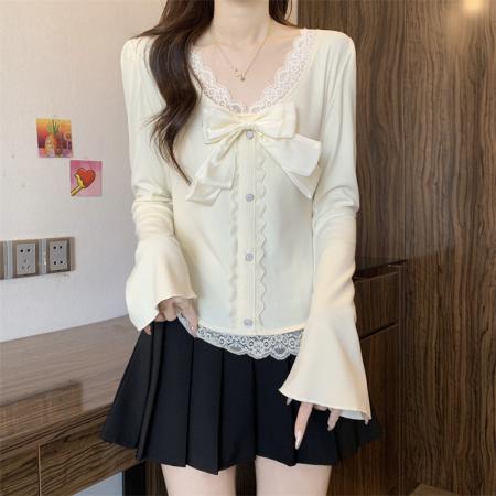 FA50759# 秋冬新款法式气质纯欲风上衣修身显瘦蕾丝拼接打底衫女