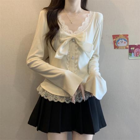 FA50759# 秋冬新款法式气质纯欲风上衣修身显瘦蕾丝拼接打底衫女