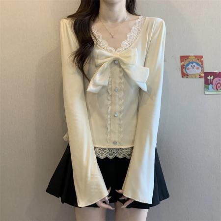 FA50759# 秋冬新款法式气质纯欲风上衣修身显瘦蕾丝拼接打底衫女