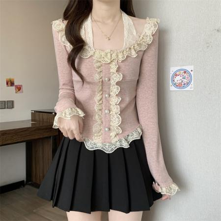 FA50760# 秋冬加厚打底衫高克重假两件蕾丝打底木耳边百搭挂脖t恤