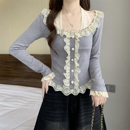FA50760# 秋冬加厚打底衫高克重假两件蕾丝打底木耳边百搭挂脖t恤