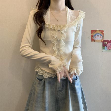 FA50760# 秋冬加厚打底衫高克重假两件蕾丝打底木耳边百搭挂脖t恤