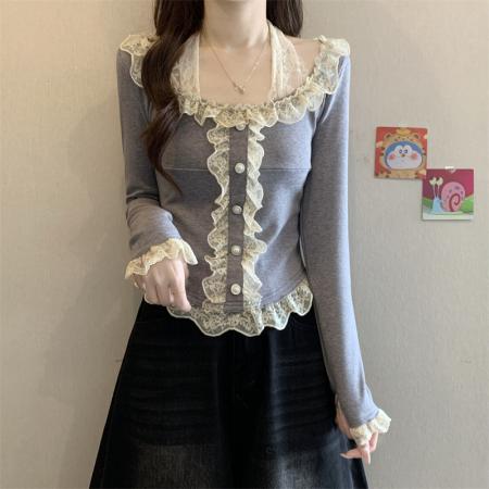 FA50760# 秋冬加厚打底衫高克重假两件蕾丝打底木耳边百搭挂脖t恤