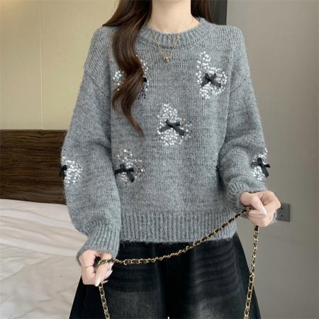 FA50761# 秋冬新款蝴蝶结印花设计百搭针织衫圆领宽松显瘦上衣女