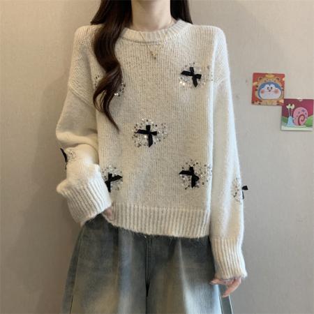 FA50761# 秋冬新款蝴蝶结印花设计百搭针织衫圆领宽松显瘦上衣女