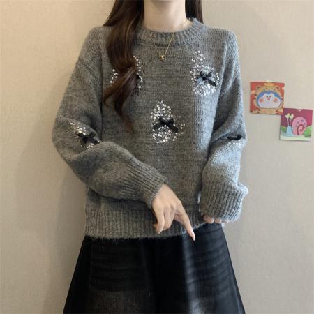 FA50761# 秋冬新款蝴蝶结印花设计百搭针织衫圆领宽松显瘦上衣女