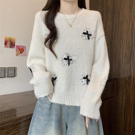 FA50761# 秋冬新款蝴蝶结印花设计百搭针织衫圆领宽松显瘦上衣女