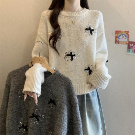 FA50761# 秋冬新款蝴蝶结印花设计百搭针织衫圆领宽松显瘦上衣女