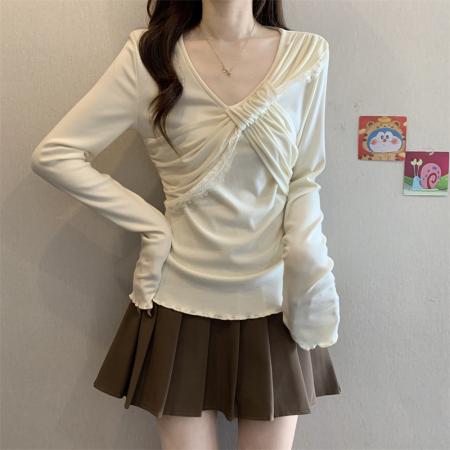 FA50762# 秋季简约法式大蝴蝶结拼接蕾丝修身小衫