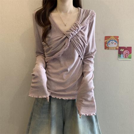 FA50762# 秋季简约法式大蝴蝶结拼接蕾丝修身小衫