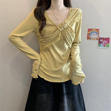 FA50762# 秋季简约法式大蝴蝶结拼接蕾丝修身小衫