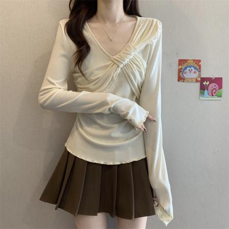 FA50762# 秋季简约法式大蝴蝶结拼接蕾丝修身小衫