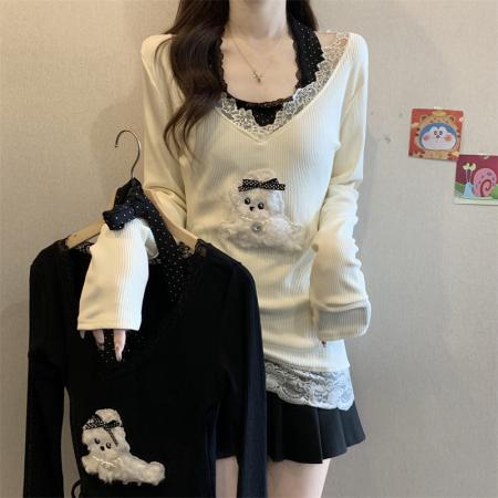 FA50763# 秋冬甜美纯欲风蕾丝花边波点磨毛加厚内搭不规则假两件