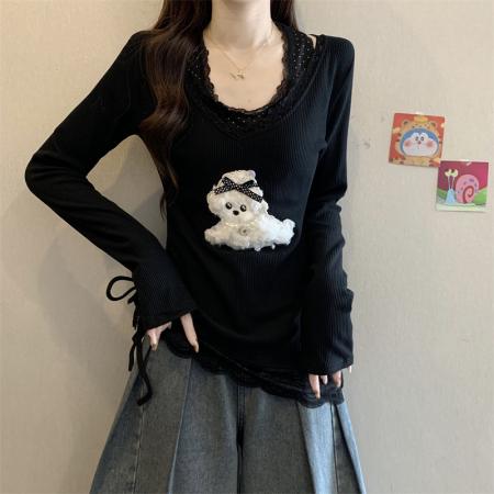 FA50763# 秋冬甜美纯欲风蕾丝花边波点磨毛加厚内搭不规则假两件